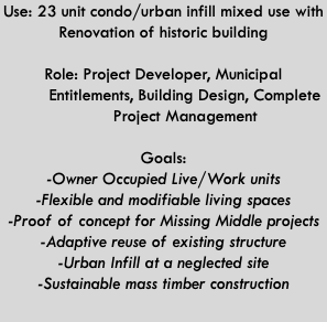 Use: 23 unit condo/urban infill mixed use with Renovation of historic building Role: Project Developer, Municipal   Entitlements, Building Design, Complete   Project Management  Goals: -Owner Occupied Live/Work units -Flexible and modifiable living spaces -Proof of concept for Missing Middle projects -Adaptive reuse of existing structure -Urban Infill at a neglected site -Sustainable mass timber construction 